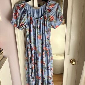 Loft Floral Tie Waist Tiered Midi Dress